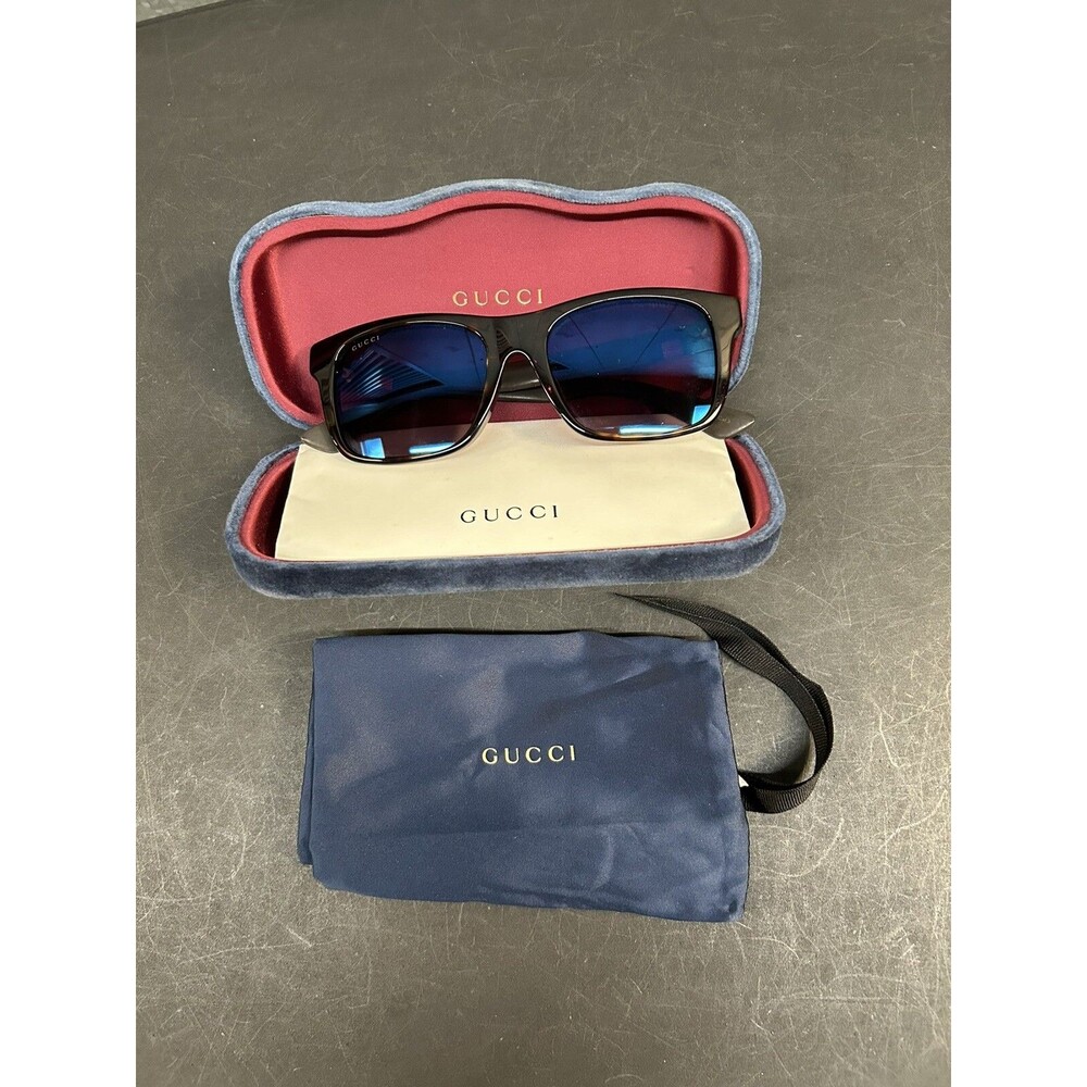 GUCCI Square Rectangle Havana Sunglasses Blue Stripe Brown Frame GG0008SA 003